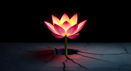 Neon Glowing Lotus Blooming from Cracked Concrete on Black Background – Surreal Symbol of Hope, Strength, and Growth Through Adversity