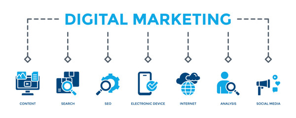 Digital Marketing Banner Icon Vector Illustration. Two Tone Blue Style. Can Be Used To Create Any Design