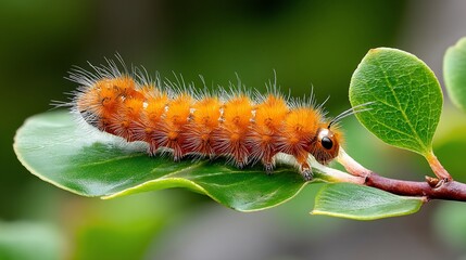 Fototapeta premium Hairy orange caterpillar crawls on a green leaf against blurred nature backdrop