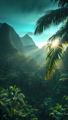 Majestic Mountain Landscape with Tropical Palm Trees Under Blue Sky – Scenic Nature View of Ocean, Forest, and Summer Beach Travel Destination