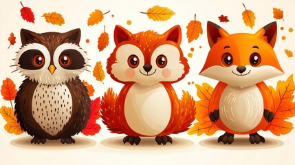 Fototapeta premium Adorable Autumn Animals: Owl, Fox, and Raccoon Celebrating Fall