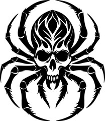 Black spider skull, a striking black and white of a spider with menacing skull integrated into it design, perfect for tatto design, logos or gothic themed project