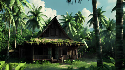 Simple wooden house surrounded by coconut trees