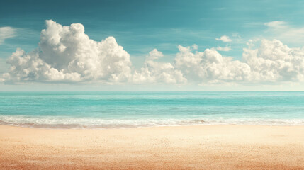 Obraz premium Tranquil ocean view features fluffy white clouds floating above the turquoise water and sandy beach on a bright and sunny summer day for vacationers dreams.