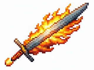 Fototapeta premium Enchanted Pixel Art Flaming Sword on White Background