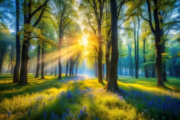 Obraz premium Enchanting Blue & Green Forest with Golden Meadow - Long Exposure Photography