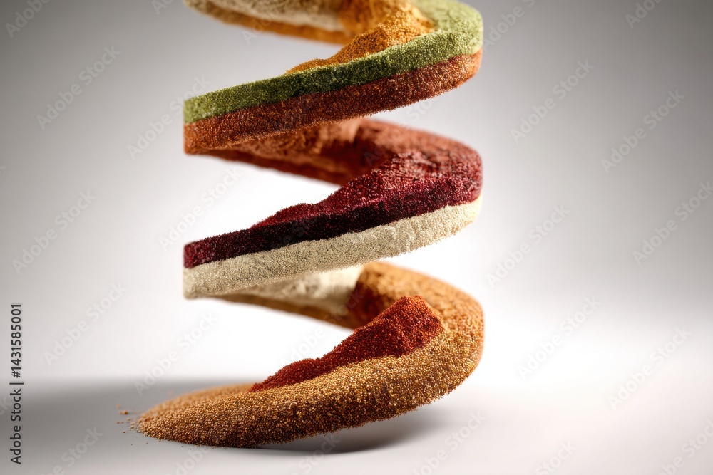 Poster an abstract, multicolored helix structure made of granules on a gradient background with soft lighti