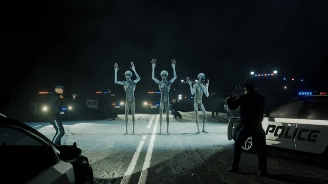 Aliens being captured by armed Police in the middle of the Road during Night | Three grey humanoid Aliens with their hands raised surrounded by Cops & police cars on a road during night CGI Animation