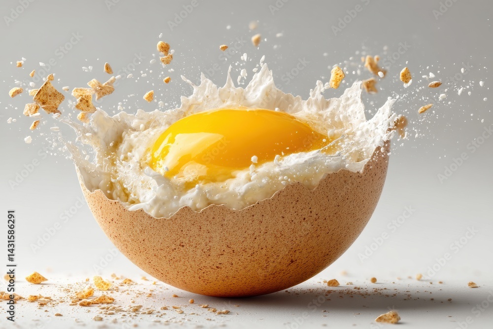 Poster close-up shot of an egg yolk and white with dynamic splashes in an egg shell, creating a visually ap
