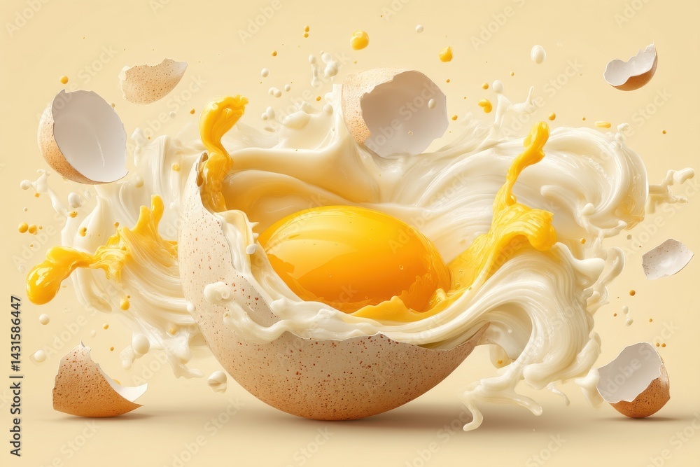 Poster a vibrant and dynamic explosion of a broken egg, showcasing the bright yolk amidst swirling whites, 