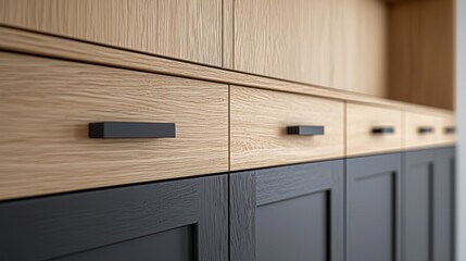 A kitchen with a black and brown cabinet with wooden handles