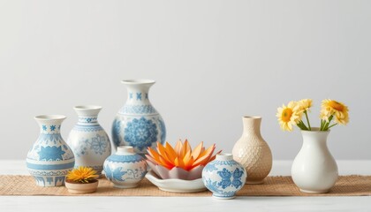 Decorative vases with flowers and fruit