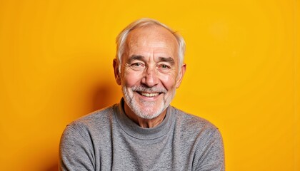 Obraz premium Senior man smiling happily against a vibrant yellow background 