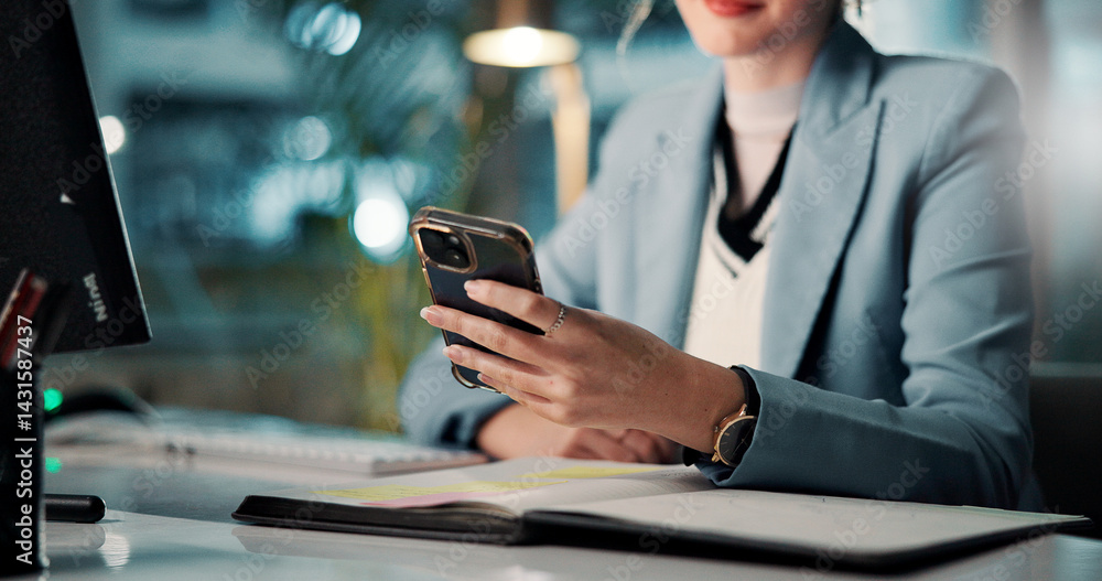 Aufkleber Night, texting and hands with smartphone, office and communication with tech for task, woman or online. Business, account manager and late with mobile for message, typing or chat for project on app