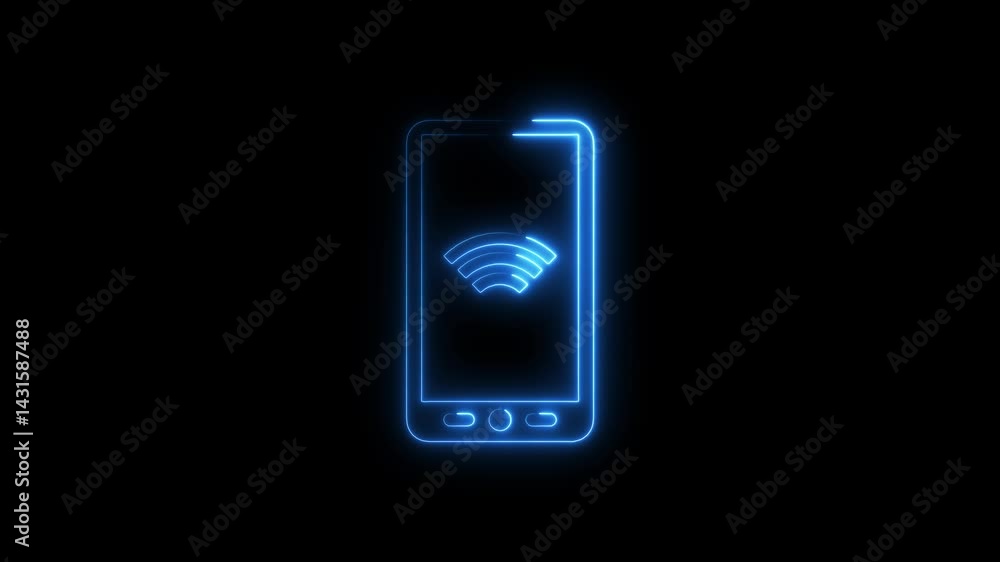 Poster neon smartphone displaying wireless connection signal glowing on dark background