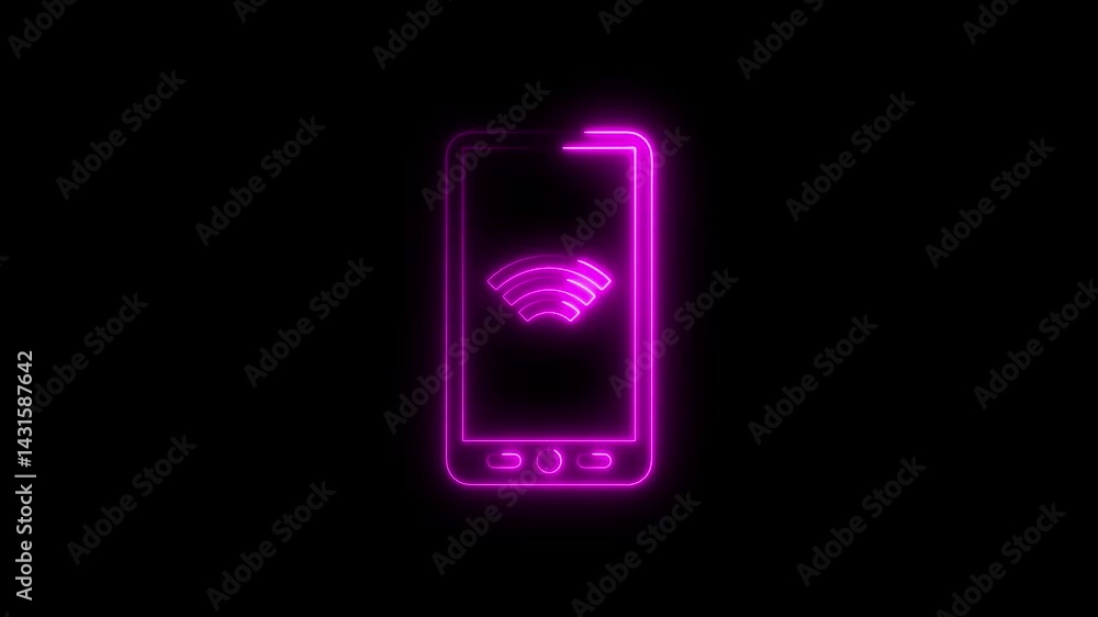 Poster neon smartphone with wireless internet connection on dark background animated icon