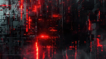 Fototapeta premium Abstract red digital circuit board with glowing lights. Digital artwork of black electrical circle with vibrant red color. Technology innovation and electronics concept. Motherboard design. AIG53.