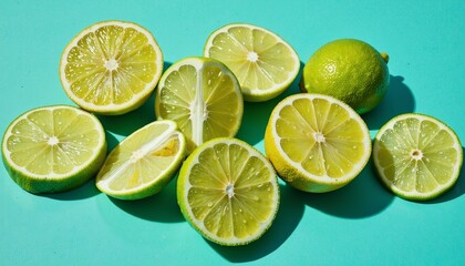 Freshly Sliced Limes Arranged on a Turquoise Background  