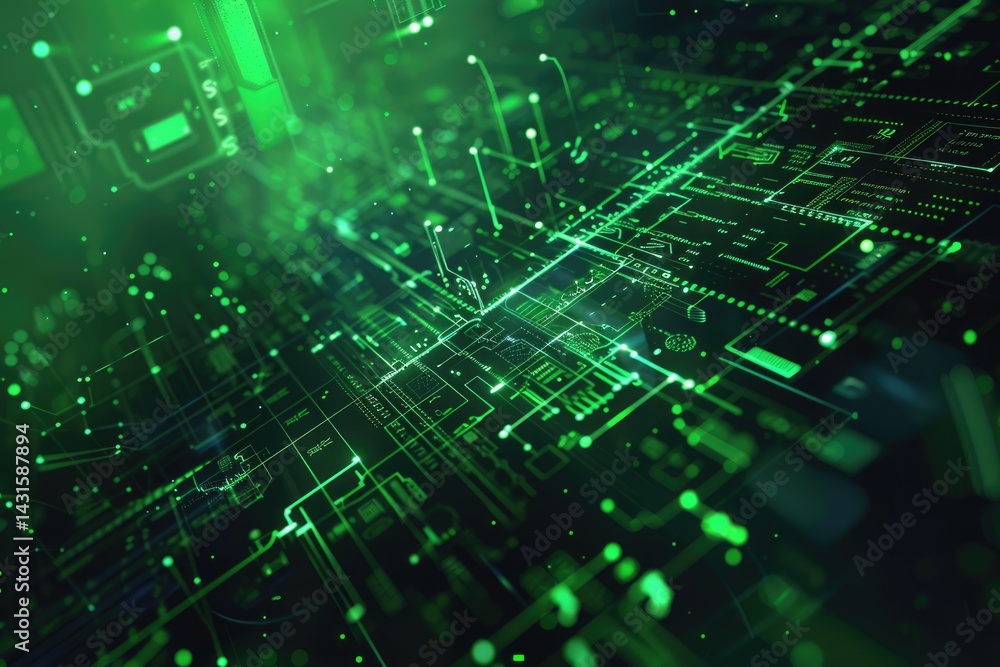 Poster the picture of the green circuit board with technology theme that stands for the connection, mainboa