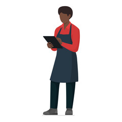 Grocery store clerk using a tablet