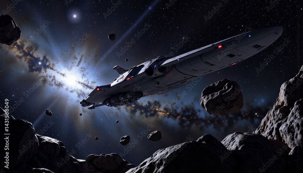 Aufkleber spacecraft navigating through an asteroid field in deep space