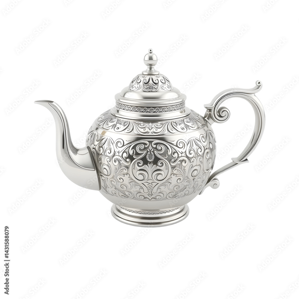 Poster elegant silver teapot, a 3d render, perfectly isolated. intricate design is showcased. a beautiful o