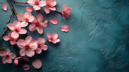 Soft pink cherry blossoms arranged on a textured teal-blue surface, symbolizing spring, renewal, beauty, and delicate natural elegance.
