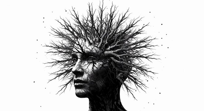 black and white portrait of a woman, Abstract Black and White Portrait of a Head with an Exploding Branch Pattern