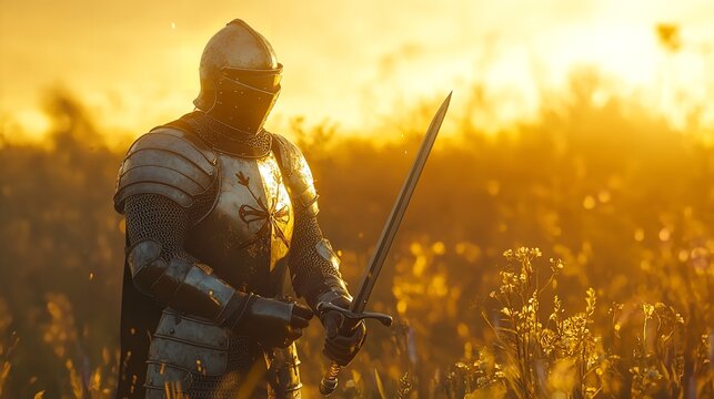 Medieval knight sunset field solemn warrior sword golden hour armor history epic battle fantasy