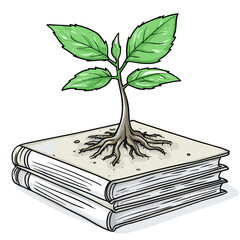 Cartoon vector illustration of a young plant growing from a stack of textbooks with roots and leaves reaching upward on white background.
