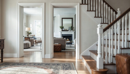 Bright and spacious interior of a modern home with open layout and elegant staircase