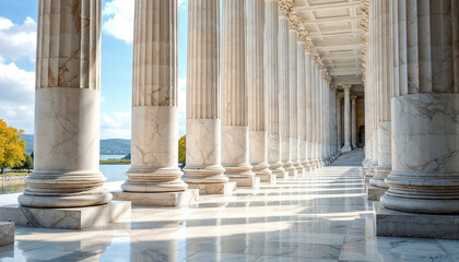 Fototapeta premium Beautiful columns reflecting sunlight near a body of water during a clear day in an elegant architectural setting
