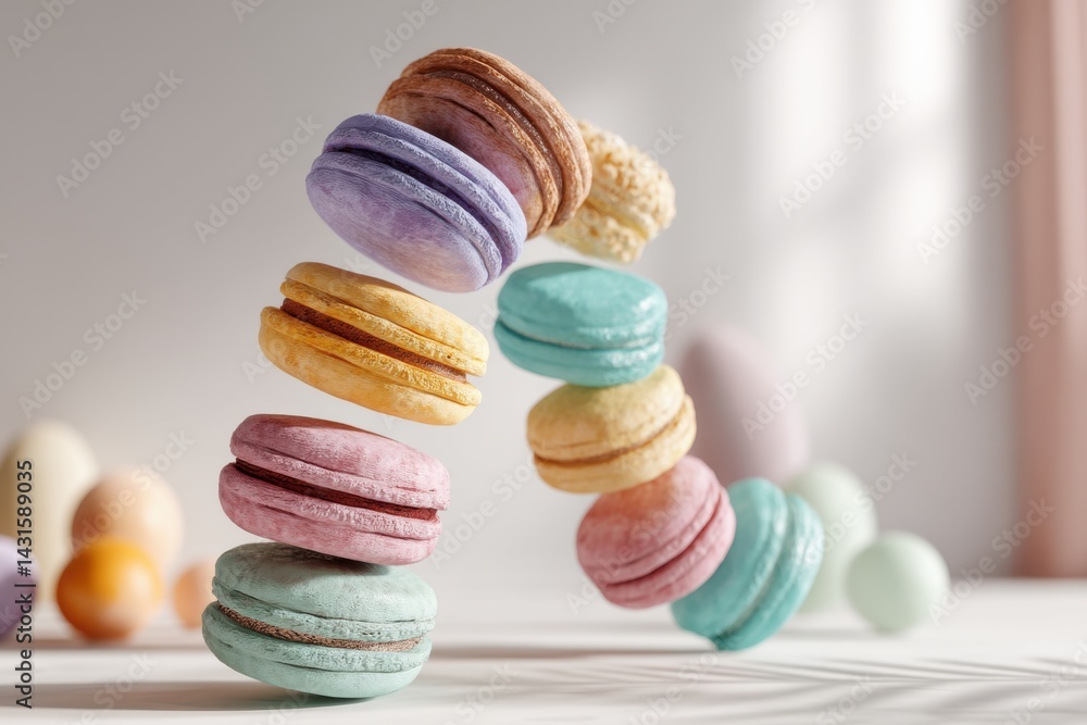 Poster delicious and colorful macaron stack in soft pastel shades against a light backdrop, creating an inv