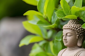 Close-up of a serene Buddha statue nestled amongst lush green foliage