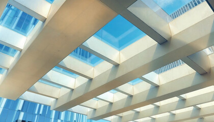 Fototapeta premium Modern architectural design showcases a geometric ceiling structure in an urban environment during midday sunlight