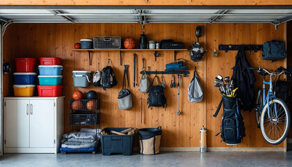 Organized garage with storage solutions and equipment in a residential space