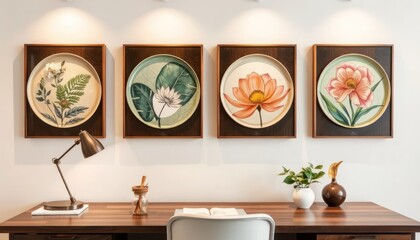 Decorative wall art, floral prints, modern desk