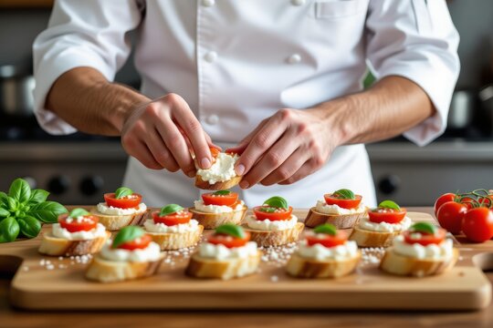 Chef preparing cicchetti with cream cheese, cherry tomatoes on wooden board. Concept of cicchetti as small Venetian tapas showcasing culinary creativity and modern kitchen setting.