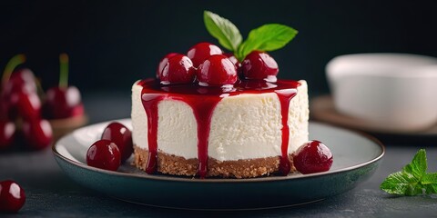 National cherry day with dessert celebration idea. Delicious cheesecake topped with cherries and mint leaves.