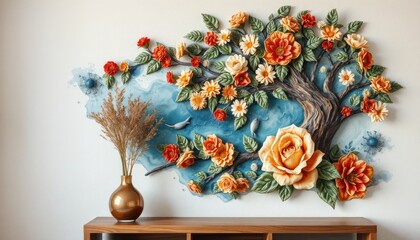 Decorative wall art of stylized tree with flowers and fish
