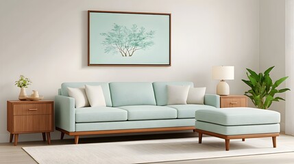 Modern living room with blue couch, ottoman, and green plant