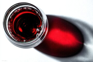 Overhead studio shot of a clear glass filled with dark red liquid, creating an abstract composition with its shadow, on a white background.