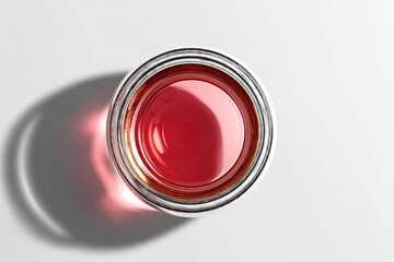 Top view of a glass jar filled with vibrant red liquid against white background, casting a soft shadow and creating a visually appealing, minimalistic aesthetic.