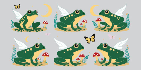 Naklejka premium Fantasy frogs with mushroom and butterfly illustrations 