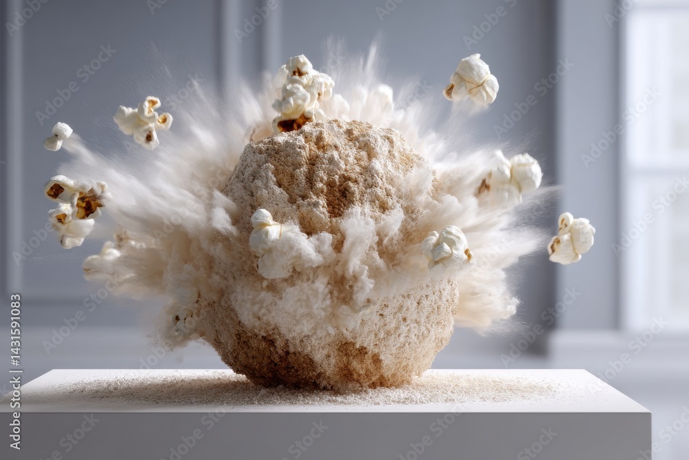 Poster a dynamic explosion of popcorn kernels against a plain background creates a visually striking and ab