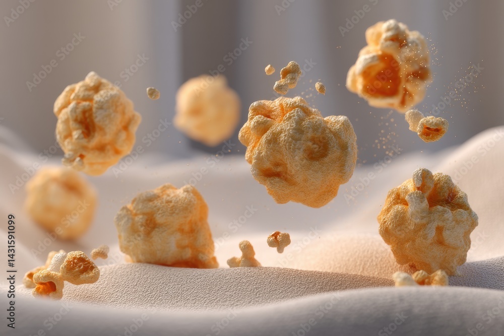 Poster a dynamic close-up of popcorn kernels floating in the air, set against a soft, textured background, 
