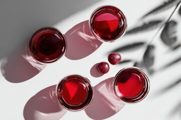 Elegant top-down view of red wine in glasses with plums and delicate shadows creating a sophisticated and inviting beverage presentation, a minimalist composition.