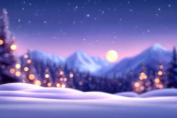 Snowy mountain landscape with twinkling lights at night