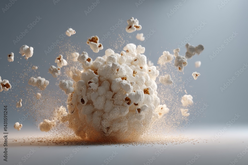 Poster dramatic high-speed shot capturing popcorn explosion, with flying kernels and a cloud of small parti