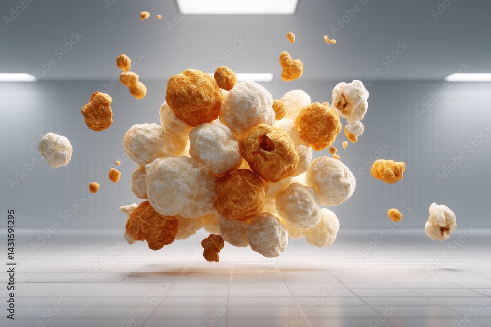 Poster a delightful explosion of popcorn, with a mixture of buttery and plain kernels, floating in the air,